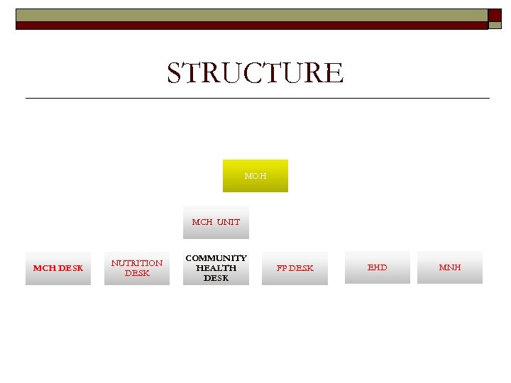 STRUCTURE MOH MCH UNIT MCH DESK NUTRITION DESK COMMUNITY HEALTH DESK FP DESK EHD