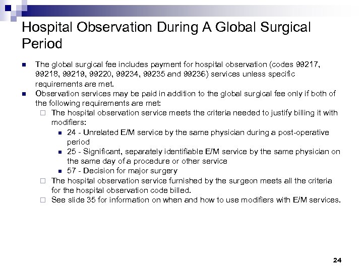 Hospital Observation During A Global Surgical Period n n The global surgical fee includes