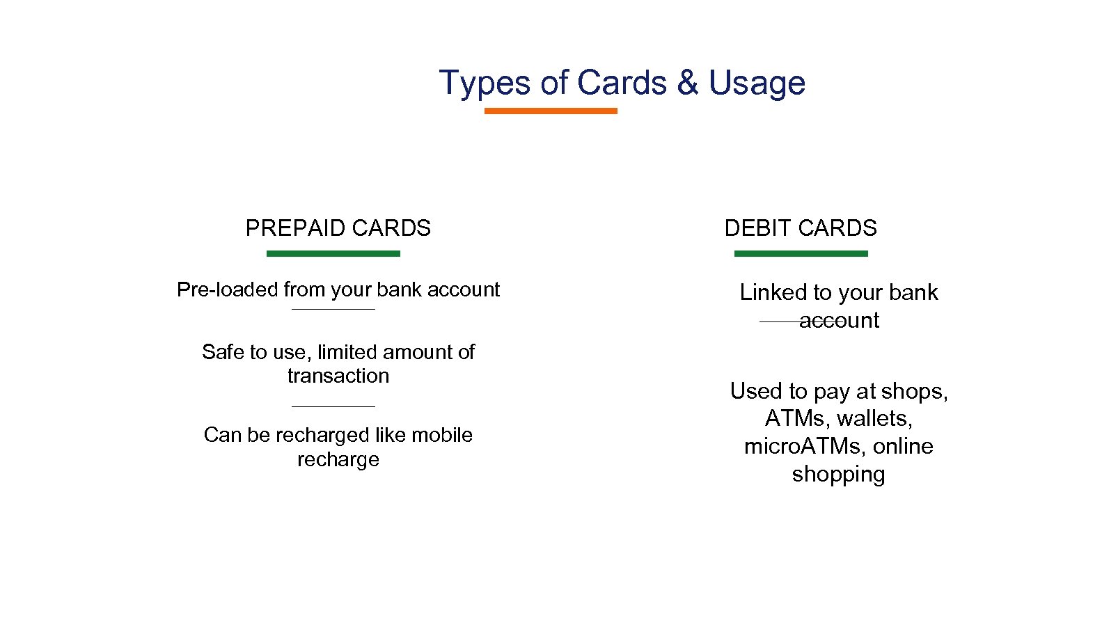 Types of Cards & Usage PREPAID CARDS Pre-loaded from your bank account Safe to