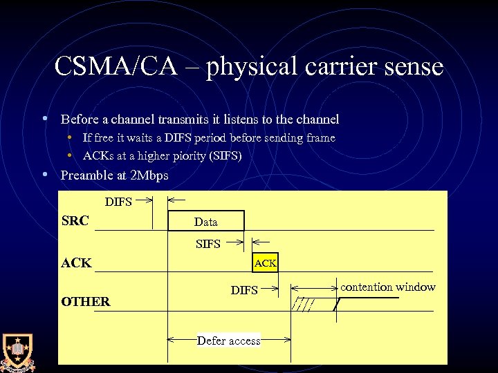 CSMA/CA – physical carrier sense • Before a channel transmits it listens to the