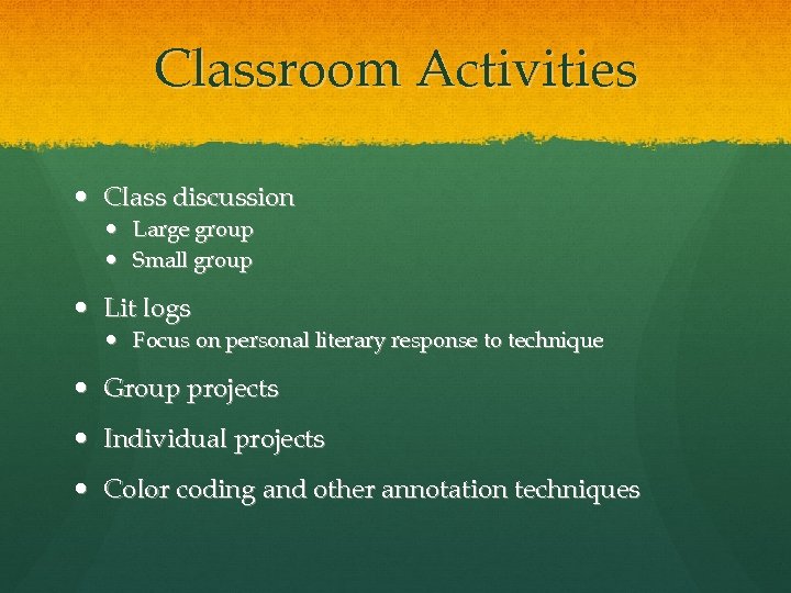 Classroom Activities Class discussion Large group Small group Lit logs Focus on personal literary