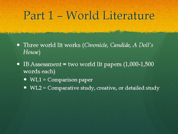 Part 1 – World Literature Three world lit works (Chronicle, Candide, A Doll’s House)