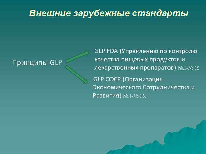 Внешние зарубежные стандарты Принципы GLP FDA (Управлению по контролю качества пищевых продуктов и лекарственных