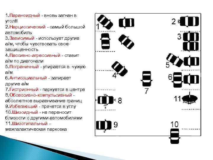 1. Параноидный - вновь загнан в угол!! 2. Нарциссический - самый большой автомобиль 3.