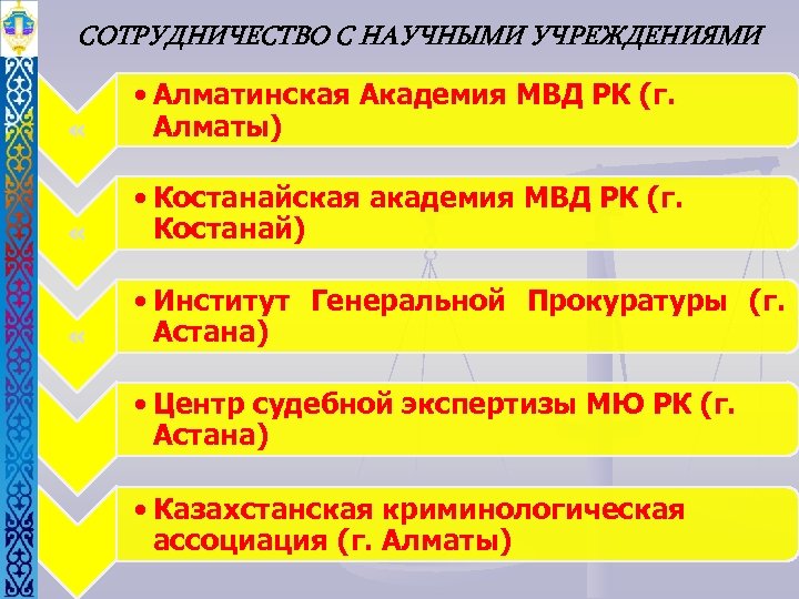 СОТРУДНИЧЕСТВО С НАУЧНЫМИ УЧРЕЖДЕНИЯМИ « • Алматинская Академия МВД РК (г. Алматы) « •