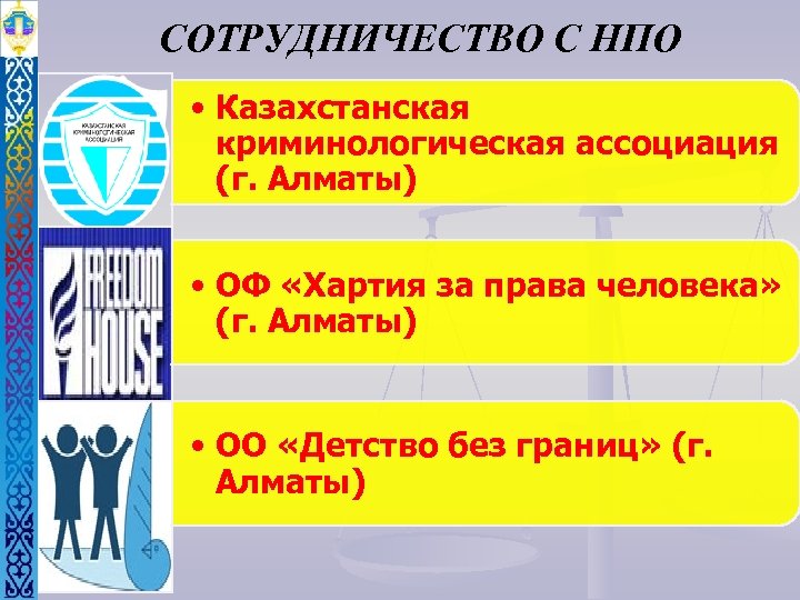 СОТРУДНИЧЕСТВО С НПО • Казахстанская криминологическая ассоциация (г. Алматы) • ОФ «Хартия за права