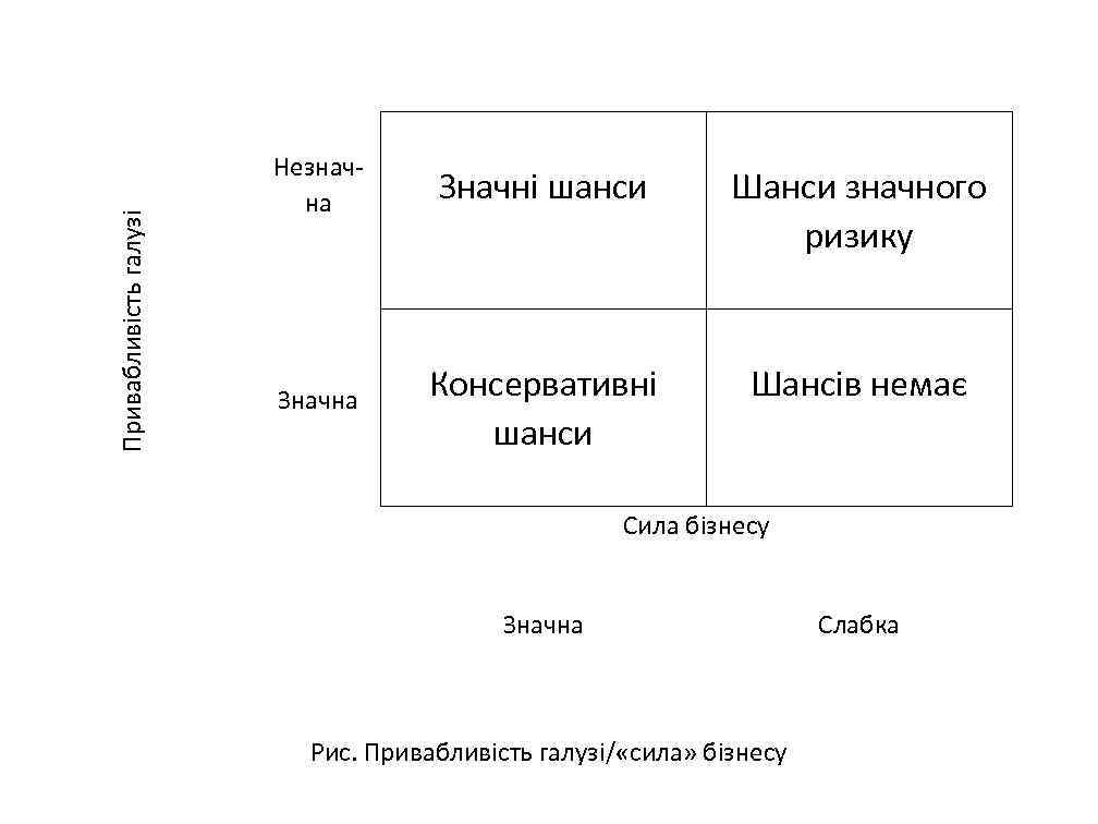  Привабливість галузі Незначна Значні шанси Шанси значного ризику Значна Консервативні шанси Шансів немає