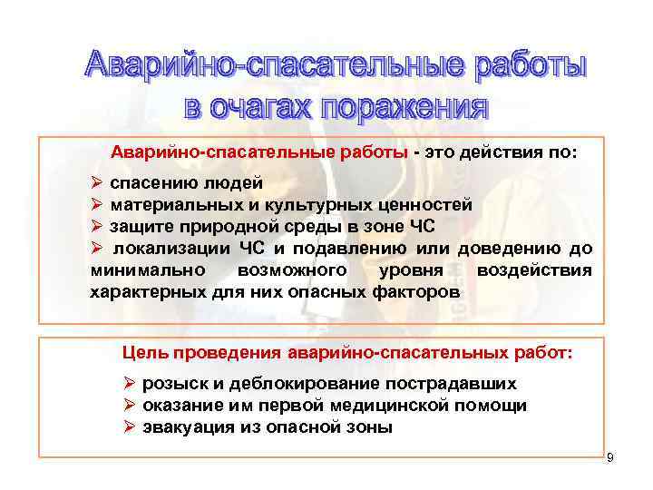 Аварийно-спасательные работы - это действия по: Ø спасению людей Ø материальных и культурных ценностей