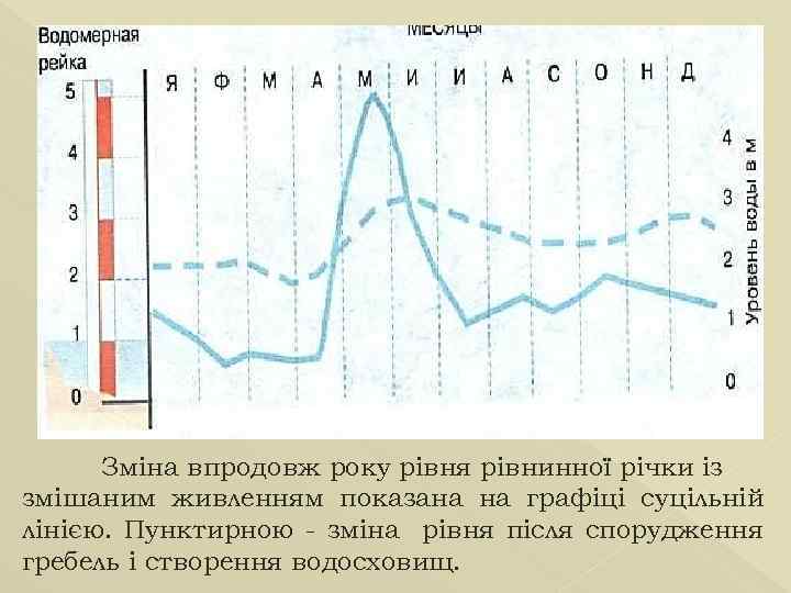Зміна впродовж року рівня рівнинної річки із змішаним живленням показана на графіці суцільній лінією.