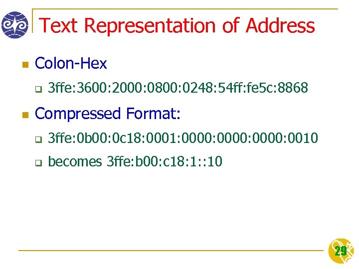 Text Representation of Address n Colon-Hex q n 3 ffe: 3600: 2000: 0800: 0248: