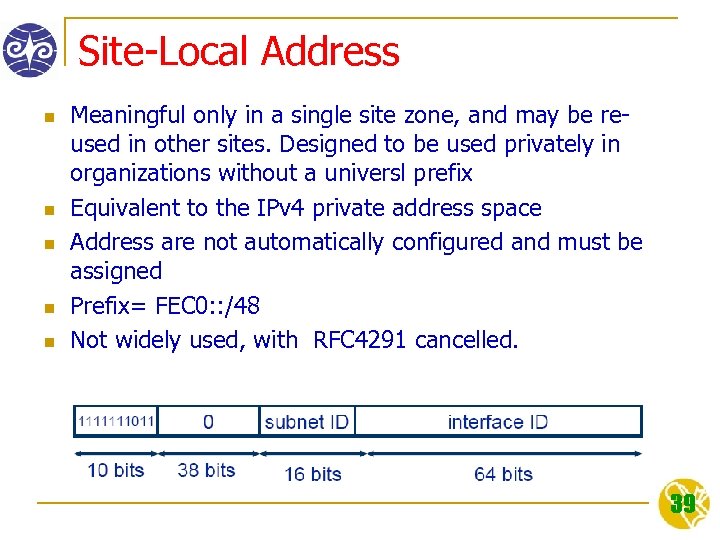 Site-Local Address n n n Meaningful only in a single site zone, and may