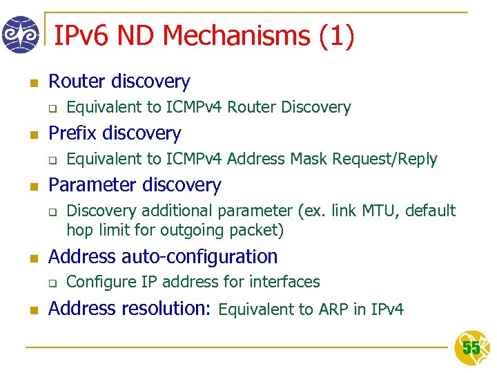 IPv 6 ND Mechanisms (1) n Router discovery q n Prefix discovery q n