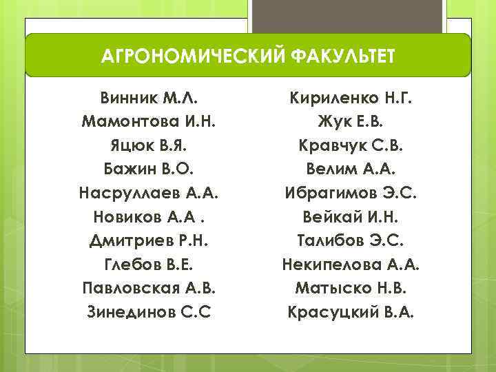 АГРОНОМИЧЕСКИЙ ФАКУЛЬТЕТ Винник М. Л. Мамонтова И. Н. Яцюк В. Я. Бажин В. О.