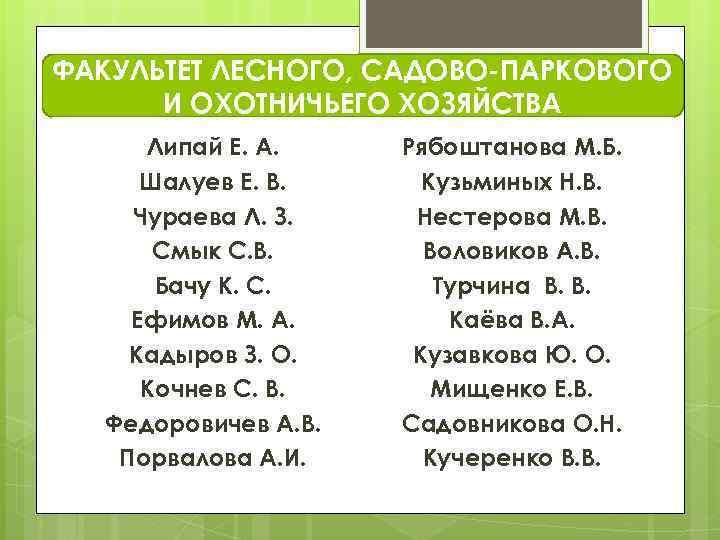 ФАКУЛЬТЕТ ЛЕСНОГО, САДОВО-ПАРКОВОГО И ОХОТНИЧЬЕГО ХОЗЯЙСТВА Липай Е. А. Шалуев Е. В. Чураева Л.