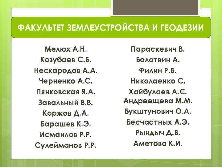 ФАКУЛЬТЕТ ЗЕМЛЕУСТРОЙСТВА И ГЕОДЕЗИИ Мелюх А. Н. Козубаев С. Б. Нескародов А. А. Черненко