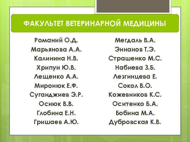ФАКУЛЬТЕТ ВЕТЕРИНАРНОЙ МЕДИЦИНЫ Романий О. Д. Марьянова А. А. Калинина Н. В. Хрипун Ю.