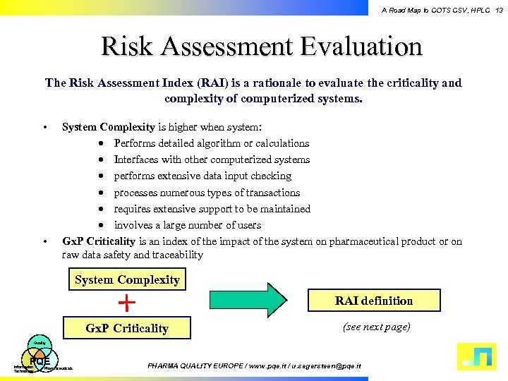 A Road Map to COTS CSV, HPLC 13 Risk Assessment Evaluation The Risk Assessment