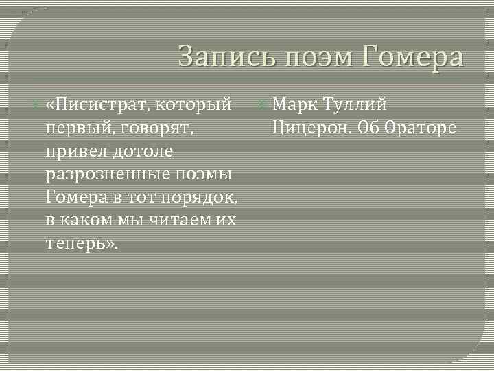 Запись поэм Гомера «Писистрат, который первый, говорят, привел дотоле разрозненные поэмы Гомера в тот