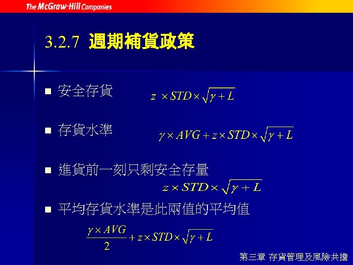 3. 2. 7 週期補貨政策 n 安全存貨 n 存貨水準 n 進貨前一刻只剩安全存量 n 平均存貨水準是此兩值的平均值 第三章 存貨管理及風險共擔