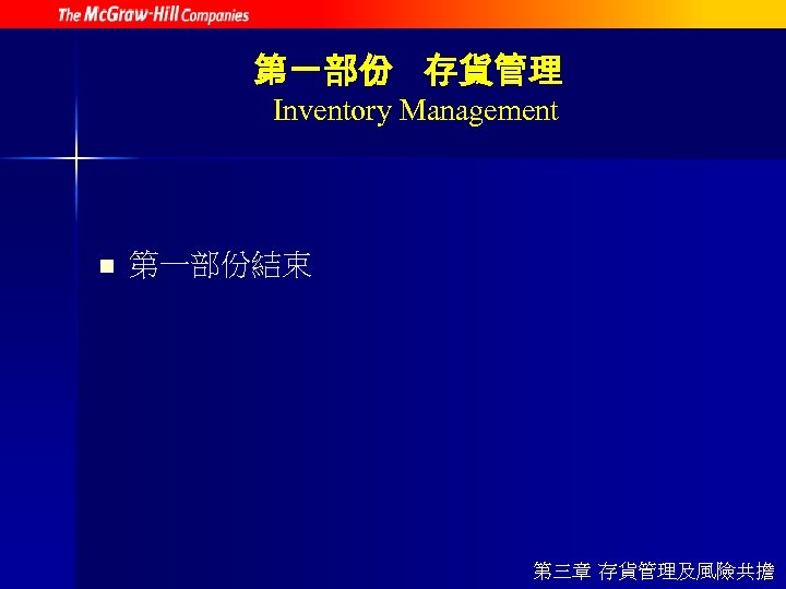 第一部份 存貨管理 Inventory Management n 第一部份結束 第三章 存貨管理及風險共擔 