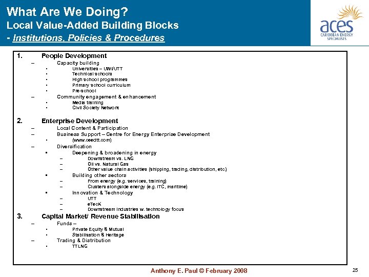 What Are We Doing? Local Value-Added Building Blocks - Institutions, Policies & Procedures 1.