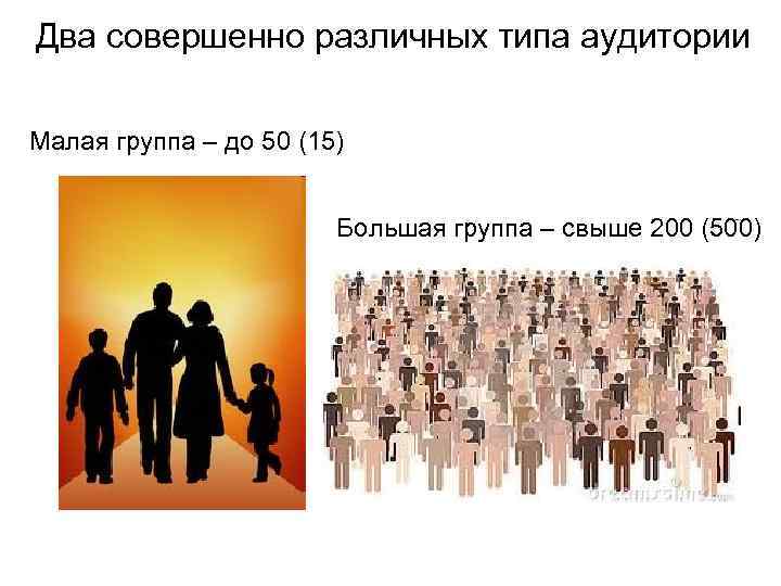 Два совершенно различных типа аудитории Малая группа – до 50 (15) Большая группа –