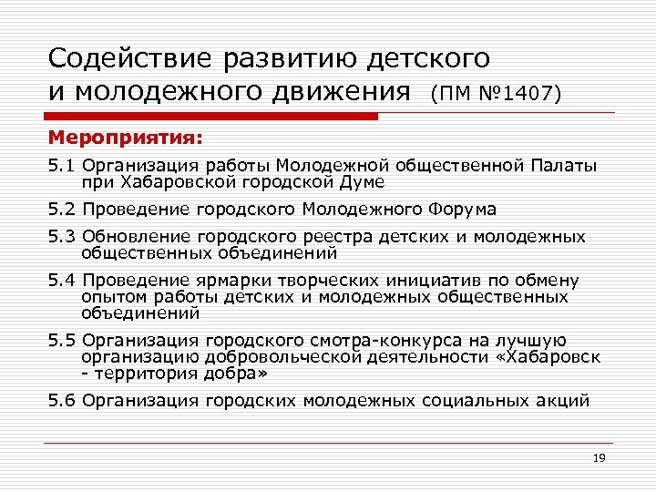 Содействие развитию детского и молодежного движения (ПМ № 1407) Мероприятия: 5. 1 Организация работы
