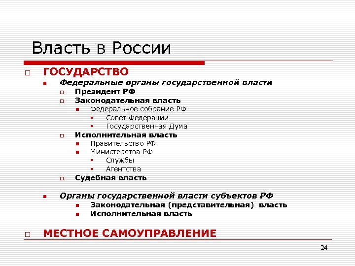 Власть в России o ГОСУДАРСТВО n Федеральные органы государственной власти o o Президент РФ