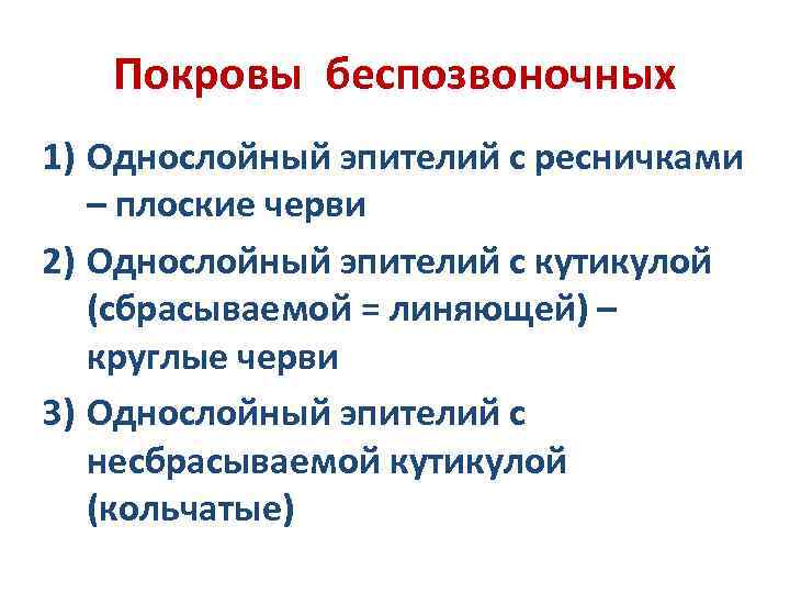 Покровы беспозвоночных 1) Однослойный эпителий с ресничками – плоские черви 2) Однослойный эпителий с