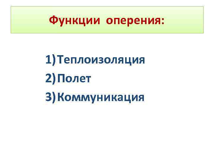 Функции оперения: 1) Теплоизоляция 2) Полет 3) Коммуникация 