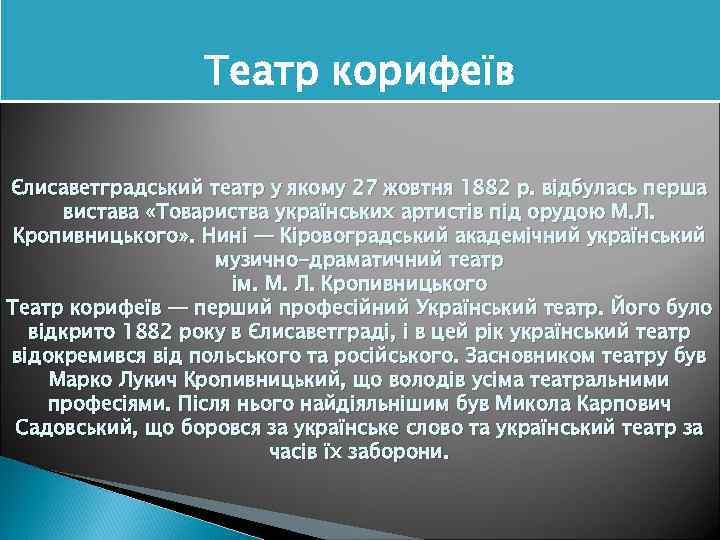 Театр корифеїв Єлисаветградський театр у якому 27 жовтня 1882 р. відбулась перша вистава «Товариства
