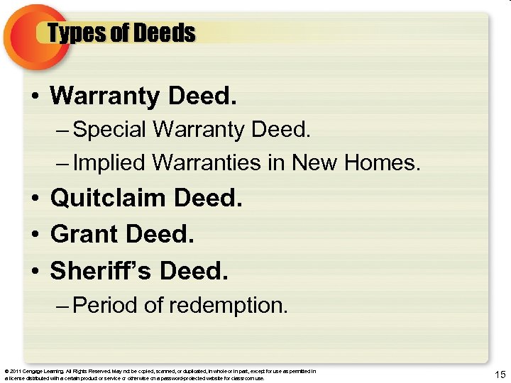 Types of Deeds • Warranty Deed. – Special Warranty Deed. – Implied Warranties in