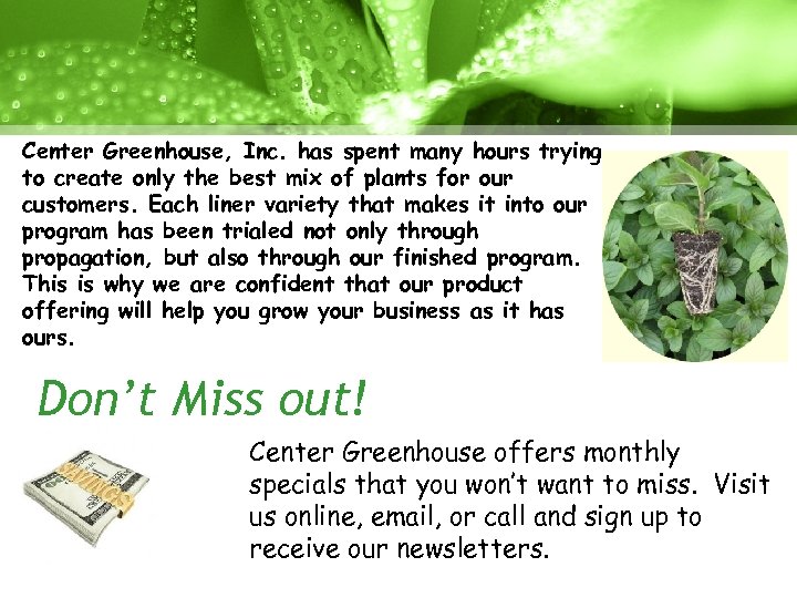 Center Greenhouse, Inc. has spent many hours trying to create only the best mix