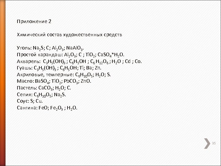 Приложение 2 Химический состав художественных средств Уголь: Na 2 S; С; Al 2 O