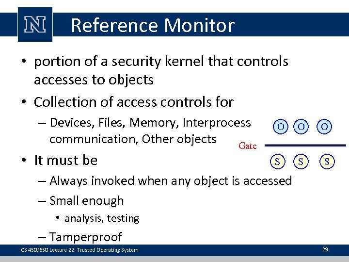 Reference Monitor • portion of a security kernel that controls accesses to objects •