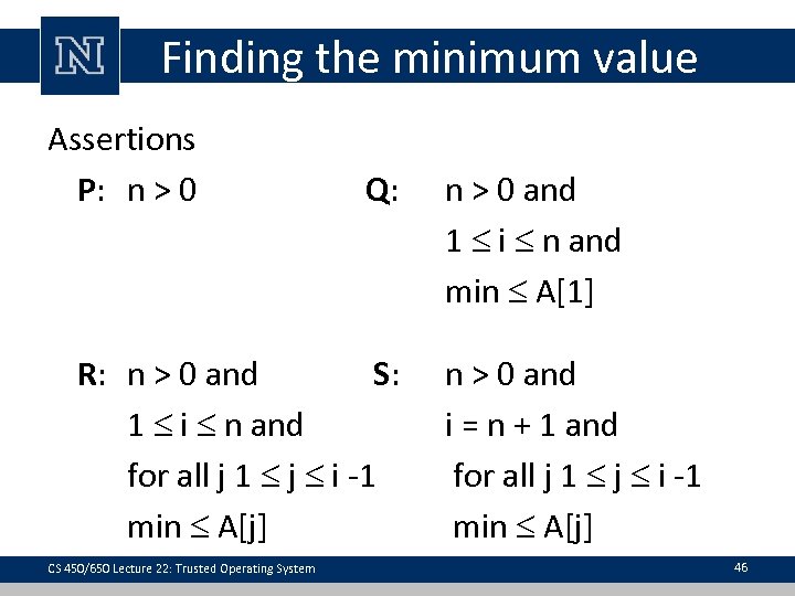 Finding the minimum value Assertions P: n > 0 Q: R: n > 0