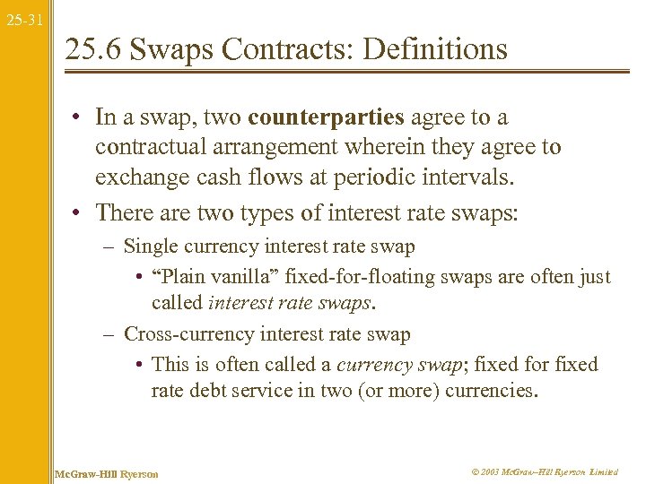 25 -31 25. 6 Swaps Contracts: Definitions • In a swap, two counterparties agree