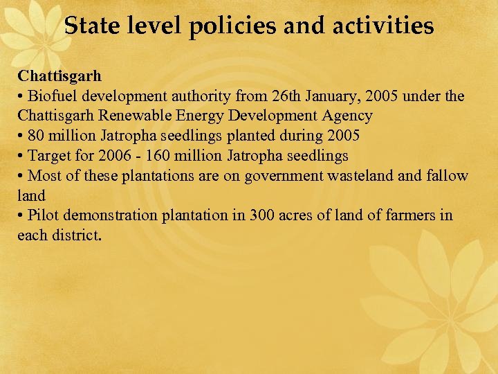 State level policies and activities Chattisgarh • Biofuel development authority from 26 th January,