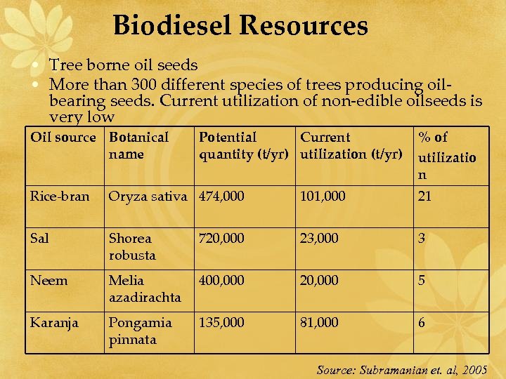 Biodiesel Resources • Tree borne oil seeds • More than 300 different species of