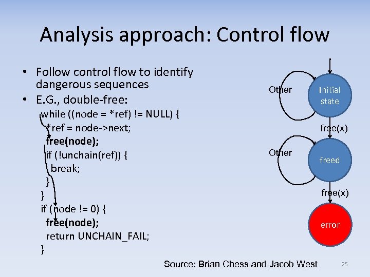 Analysis approach: Control flow • Follow control flow to identify dangerous sequences • E.