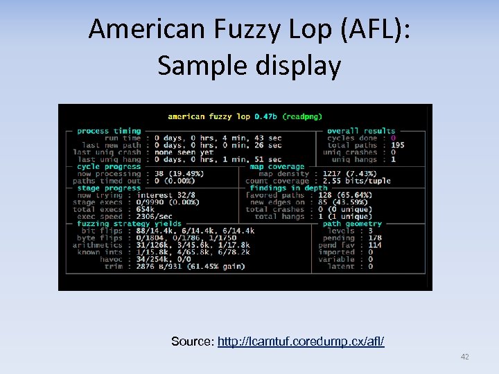 American Fuzzy Lop (AFL): Sample display Source: http: //lcamtuf. coredump. cx/afl/ 42 