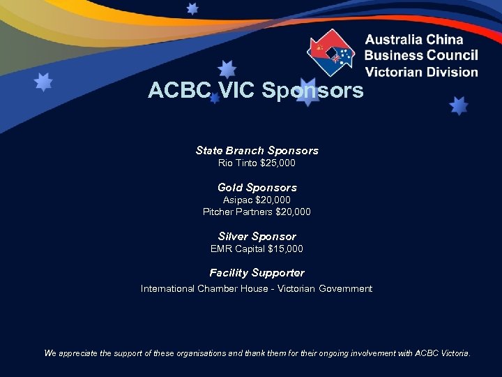 ACBC VIC Sponsors State Branch Sponsors Rio Tinto $25, 000 Gold Sponsors Asipac $20,