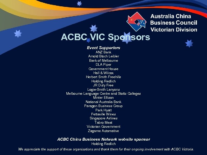 ACBC VIC Sponsors Event Supporters ANZ Bank Arnold Bloch Leibler Bank of Melbourne DLA