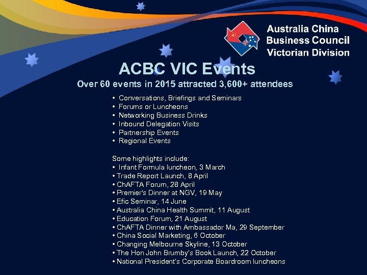 ACBC VIC Events Over 60 events in 2015 attracted 3, 600+ attendees • Conversations,