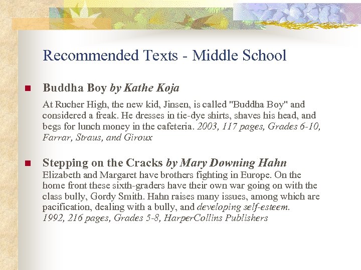 Recommended Texts - Middle School n Buddha Boy by Kathe Koja At Rucher High,