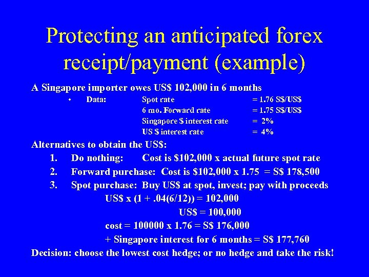 Protecting an anticipated forex receipt/payment (example) A Singapore importer owes US$ 102, 000 in