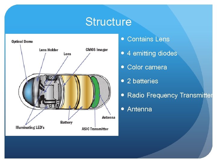 Structure Contains Lens 4 emitting diodes Color camera 2 batteries Radio Frequency Transmitter Antenna