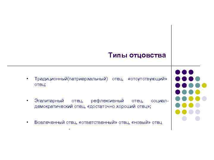  Типы отцовства • Традиционный(патриархальный) отец, «отсутствующий» отец; • Эгалитарный отец, рефлексивный отец, социалдемократический
