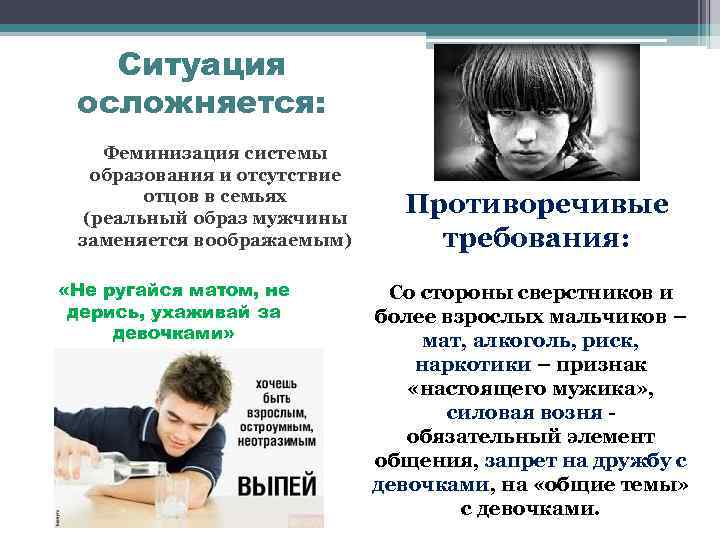 Ситуация осложняется: Феминизация системы образования и отсутствие отцов в семьях (реальный образ мужчины заменяется