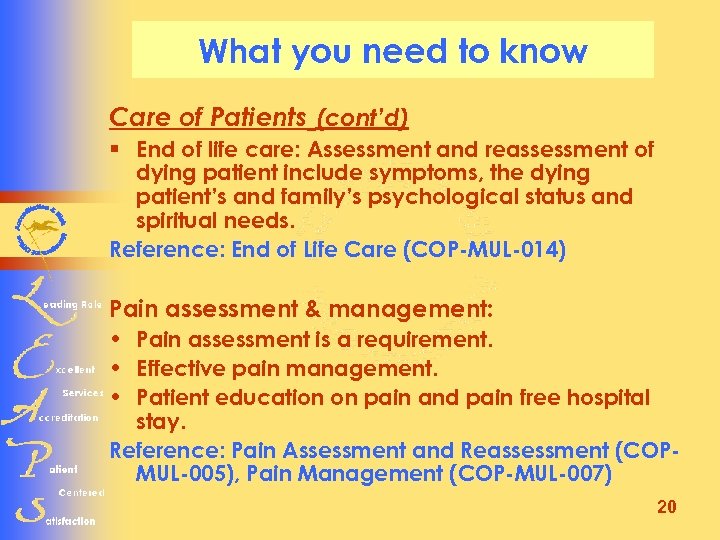 What you need to know Care of Patients (cont’d) § End of life care: